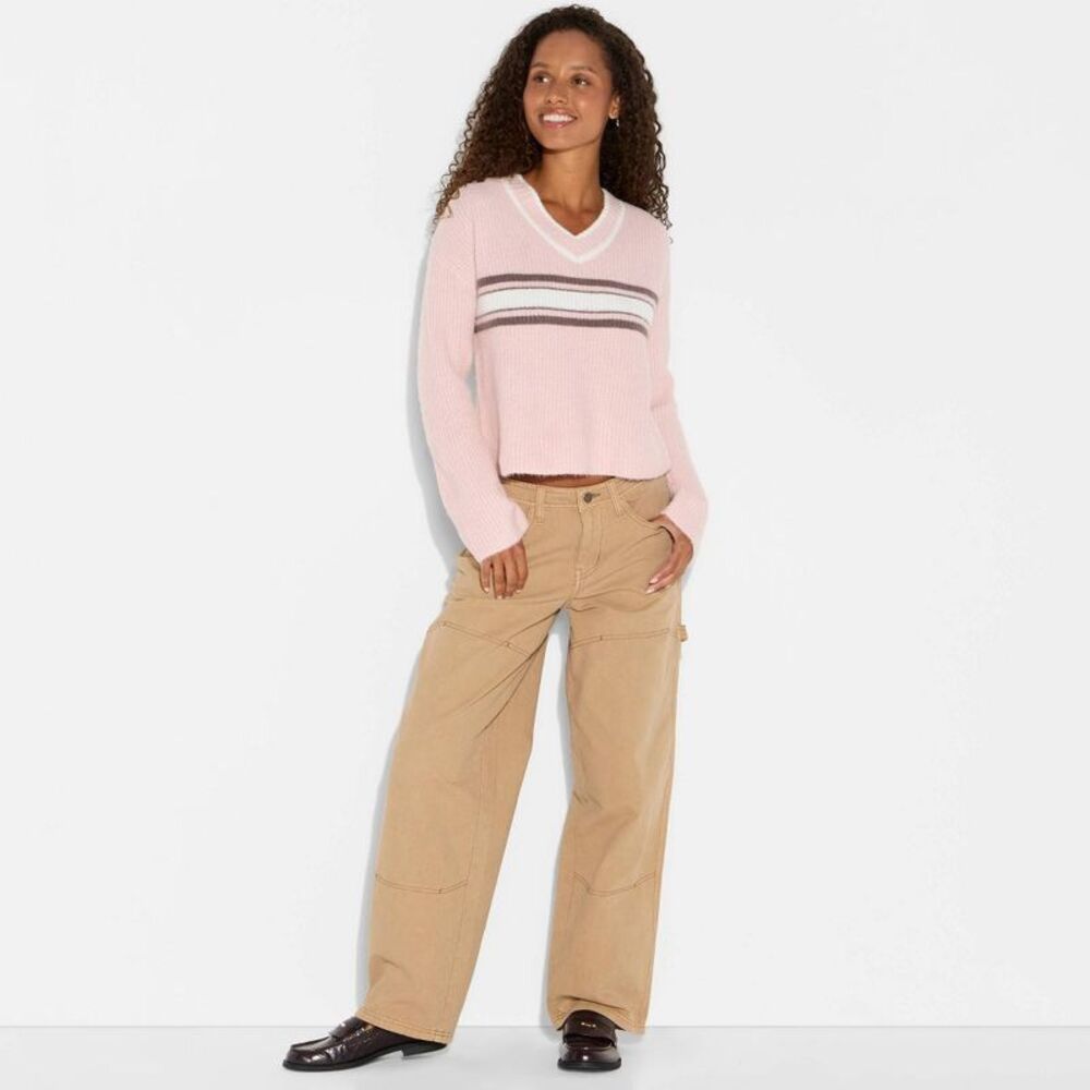 Women's V-Neck Pullover Sweater - Wild Fable Light Pink Rugby Striped XS